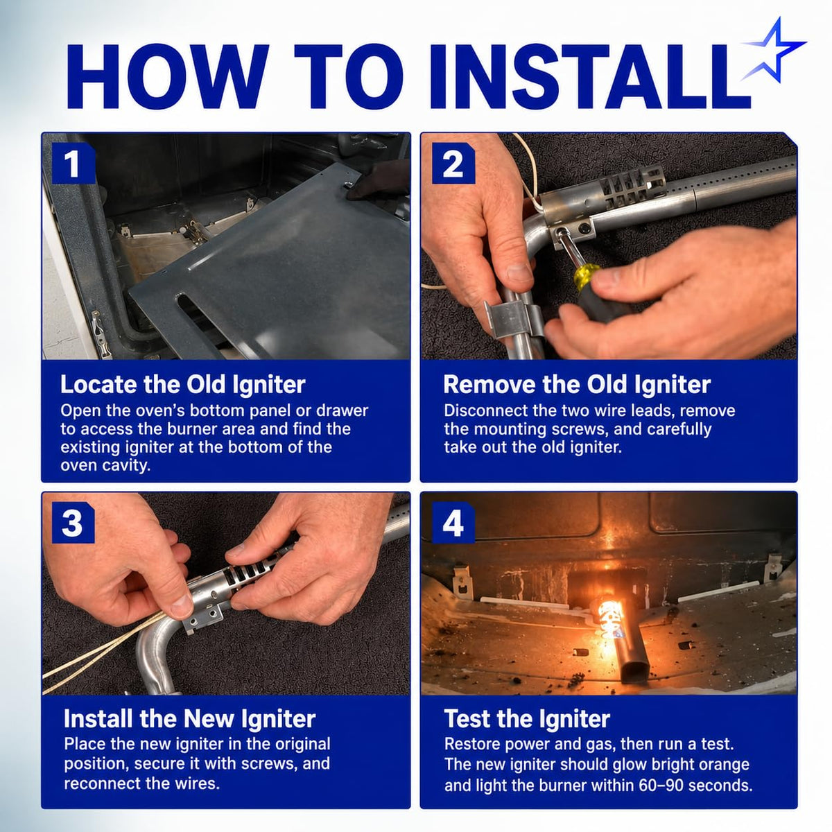 Four-step instructional graphic showing how to install a replacement oven igniter.
