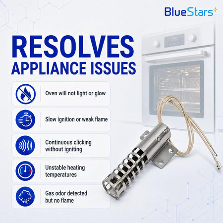 Oven igniter replacement part shown with a list of common appliance issues it resolves.