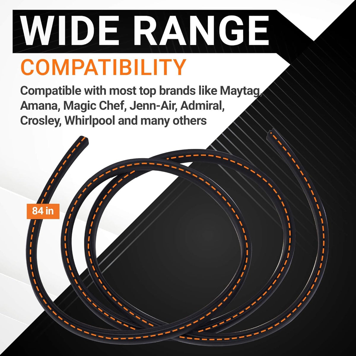 84-inch black appliance door gasket seal compatible with major brands like Whirlpool, Maytag, and Amana.