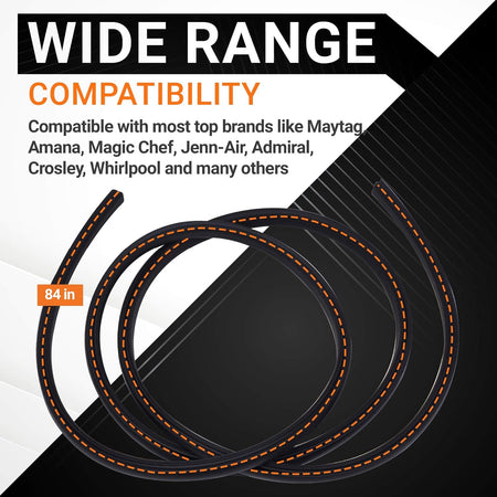 84-inch black appliance door gasket seal compatible with major brands like Whirlpool, Maytag, and Amana.