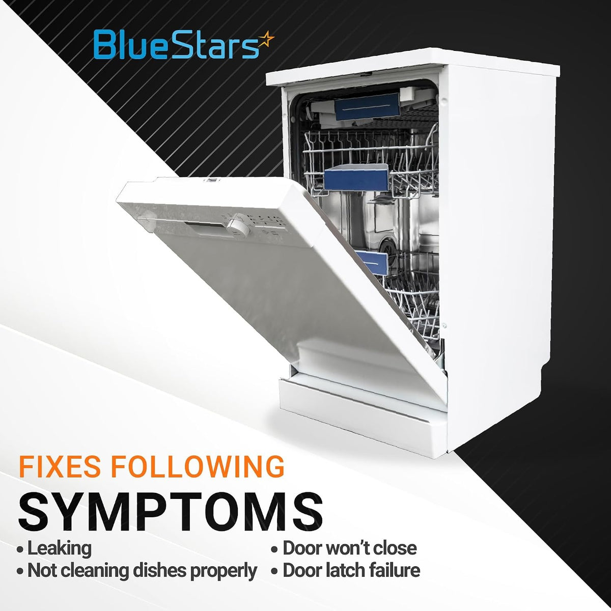 White dishwasher with open door illustrating common repair symptoms like leaking and door latch failure.