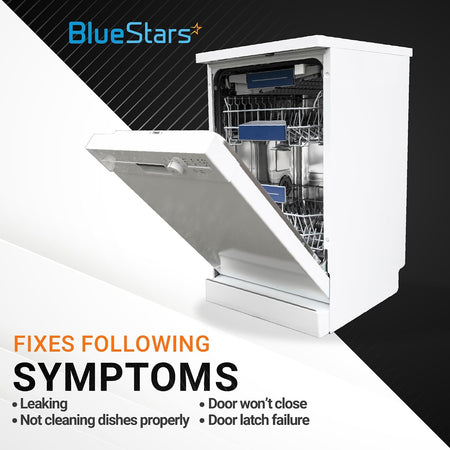 White dishwasher with open door illustrating common repair symptoms like leaking and door latch failure.