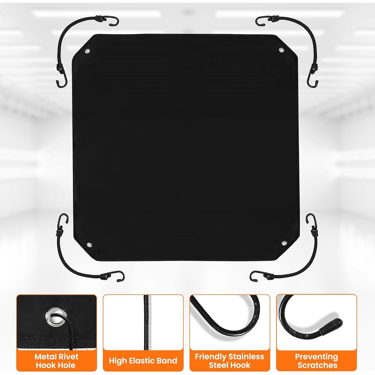 28x28 inch black central air conditioner cover with elastic bungee cords and stainless steel hooks.