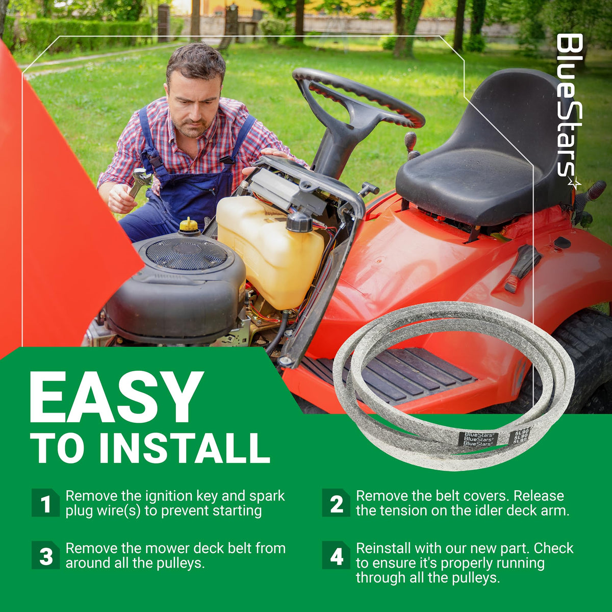 Replacement 174368 mower deck belt shown with installation instructions for Husqvarna and AYP lawn tractors.