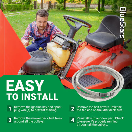 Replacement 174368 mower deck belt shown with installation instructions for Husqvarna and AYP lawn tractors.