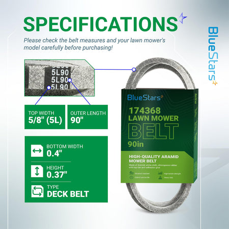 Infographic showing specifications for 174368 mower deck belt with 5/8 inch width and 90 inch length dimensions.