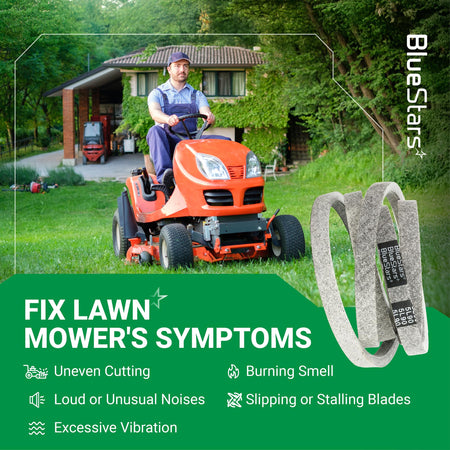 174368 mower deck belt for 48-inch Husqvarna and AYP lawn mowers shown with troubleshooting guide graphic.