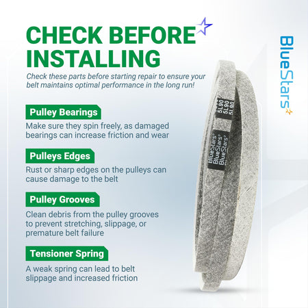 Installation guide for 174368 mower deck belt showing pulley maintenance tips for Husqvarna and AYP mowers.