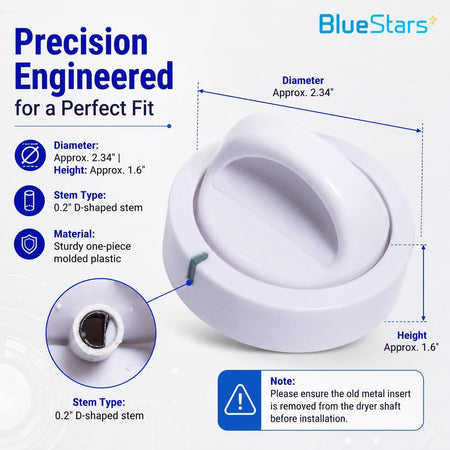 131873500 Dryer Timer Knob Switch dimensions diagram showing approx. 2.34-inch diameter, 1.6-inch height, and D-shaped stem