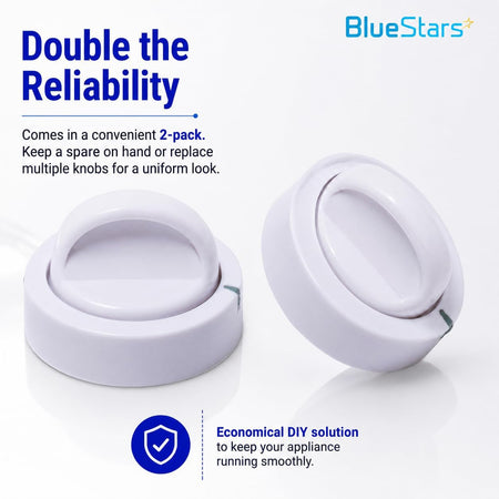 131873500 Dryer Timer Knob Switch Replacement, two white knobs shown with 2-pack text