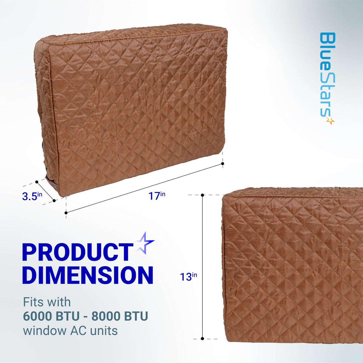 Brown quilted indoor window AC cover showing 17 x 13 x 3.5 inch dimensions for 6000-8000 BTU units.