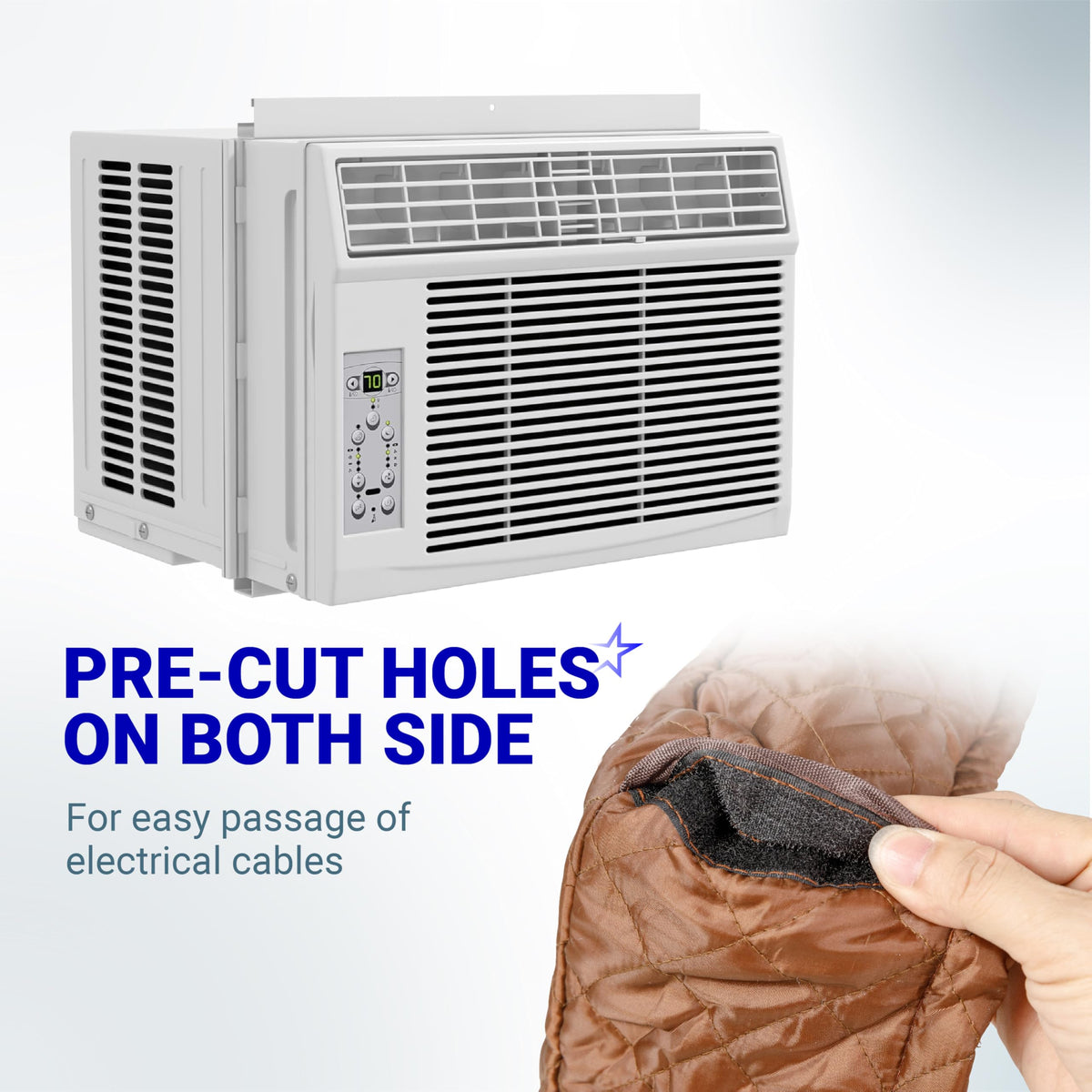 Brown indoor window AC cover showing pre-cut side hole for electrical cables with velcro closure.