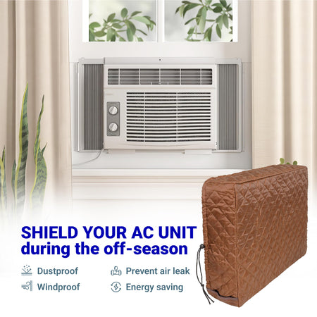 Brown quilted indoor window air conditioner cover for winter insulation shown next to an AC unit.