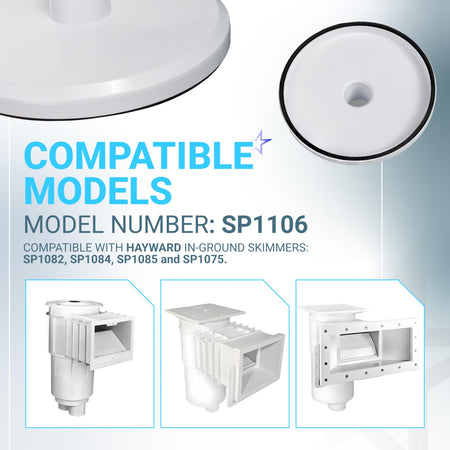 SP1106 pool skimmer vacuum plate compatibility chart for Hayward SP1082, SP1084, SP1085, and SP1075 in-ground skimmers.