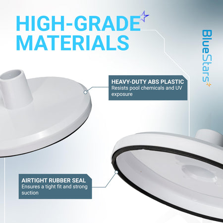 SP1106 pool skimmer vacuum plate showing heavy-duty ABS plastic construction and airtight rubber seal for suction.