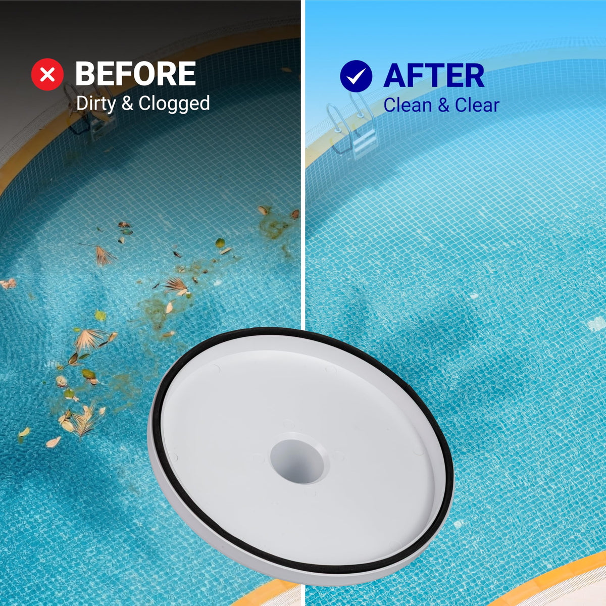 SP1106 pool skimmer vacuum plate shown with before and after comparison of pool water clarity.