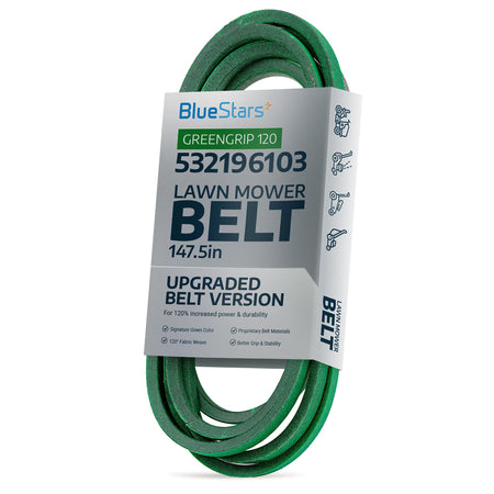 147.5-inch green mower deck belt for Husqvarna 532196103 in BlueStars retail packaging.