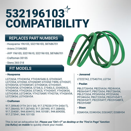 Compatibility chart for 196103 mower deck belt showing replacement part numbers and compatible tractor models.