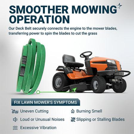 196103 mower deck belt for 54-inch Husqvarna lawn mowers, showing installation diagram and common repair symptoms.