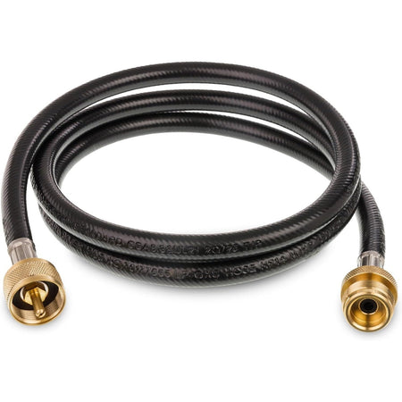 5-foot black propane torch extension hose with brass 1" x 20 male and female threaded connectors.