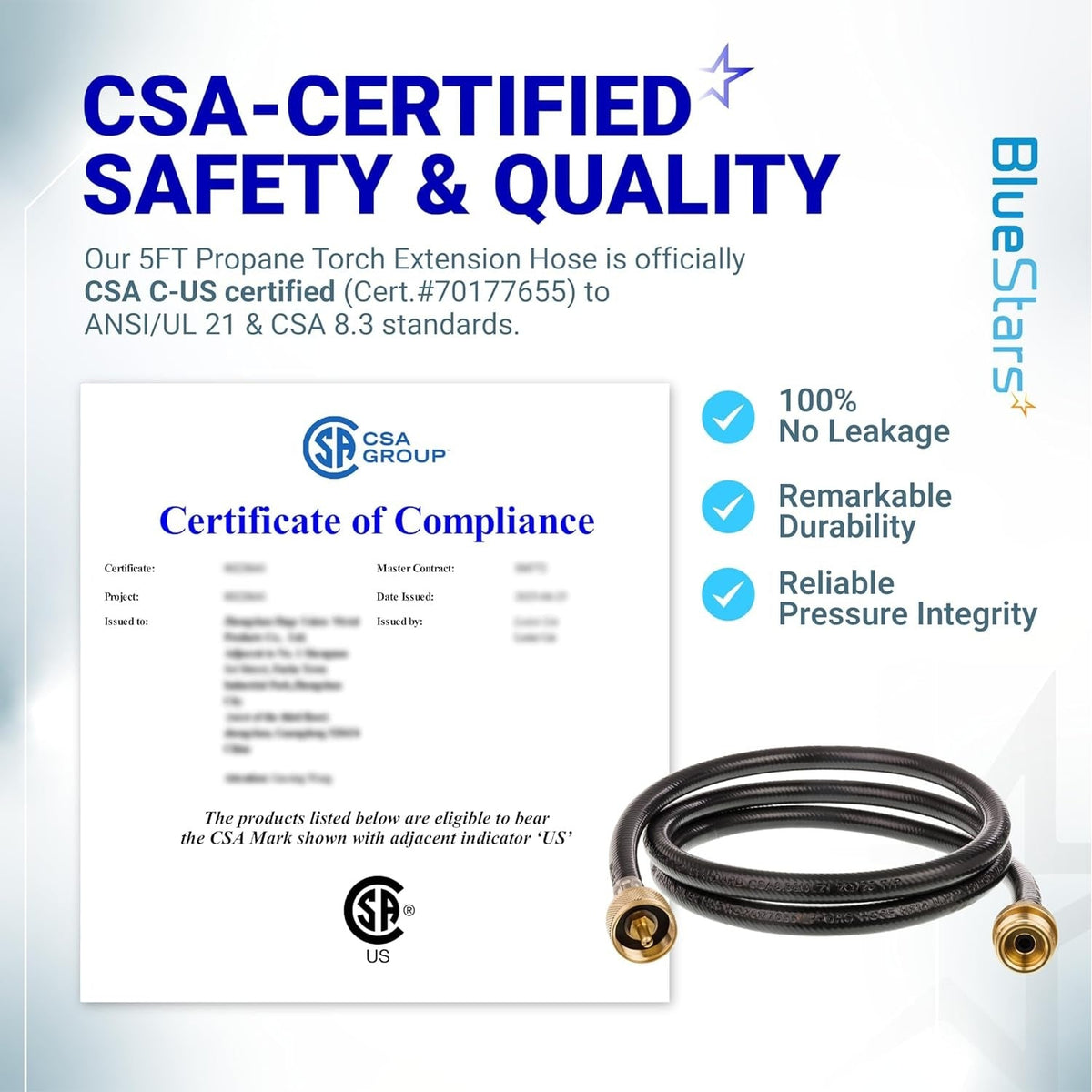 CSA-certified 5-foot propane torch extension hose with safety compliance certificate and brass fittings.