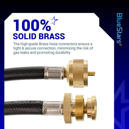 Close-up of solid brass connectors on a 5-foot propane torch extension hose for secure gas connections.