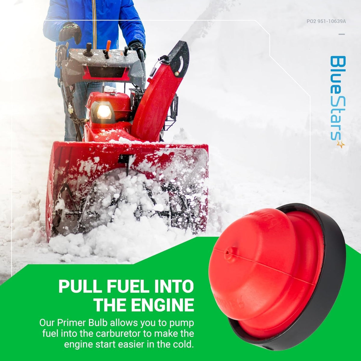 Close-up of a red replacement primer bulb for snowblower engines on a promotional product graphic.