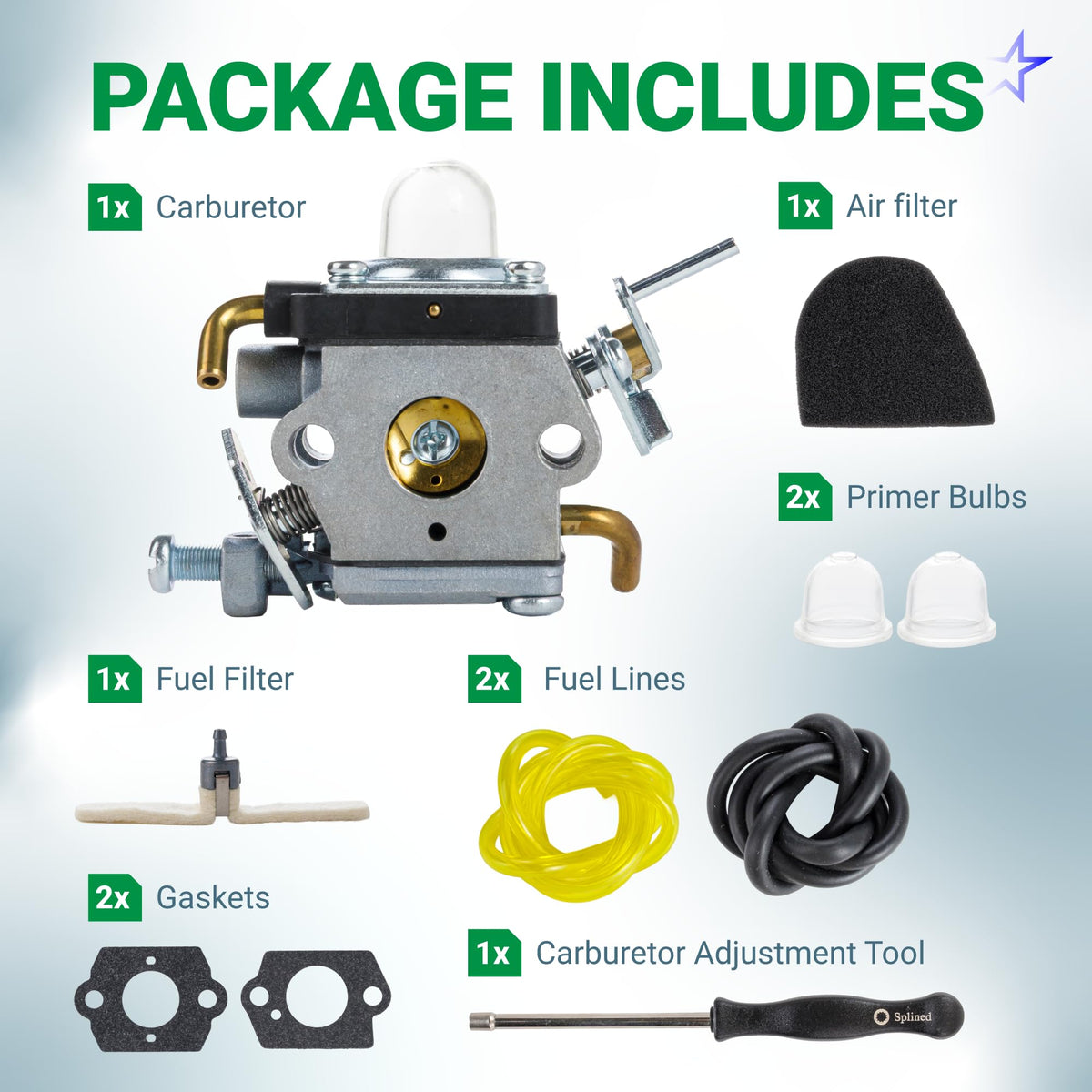 Carburetor repair kit for Husqvarna 122LK trimmer including carburetor, air filter, primer bulbs, fuel lines, and tools.