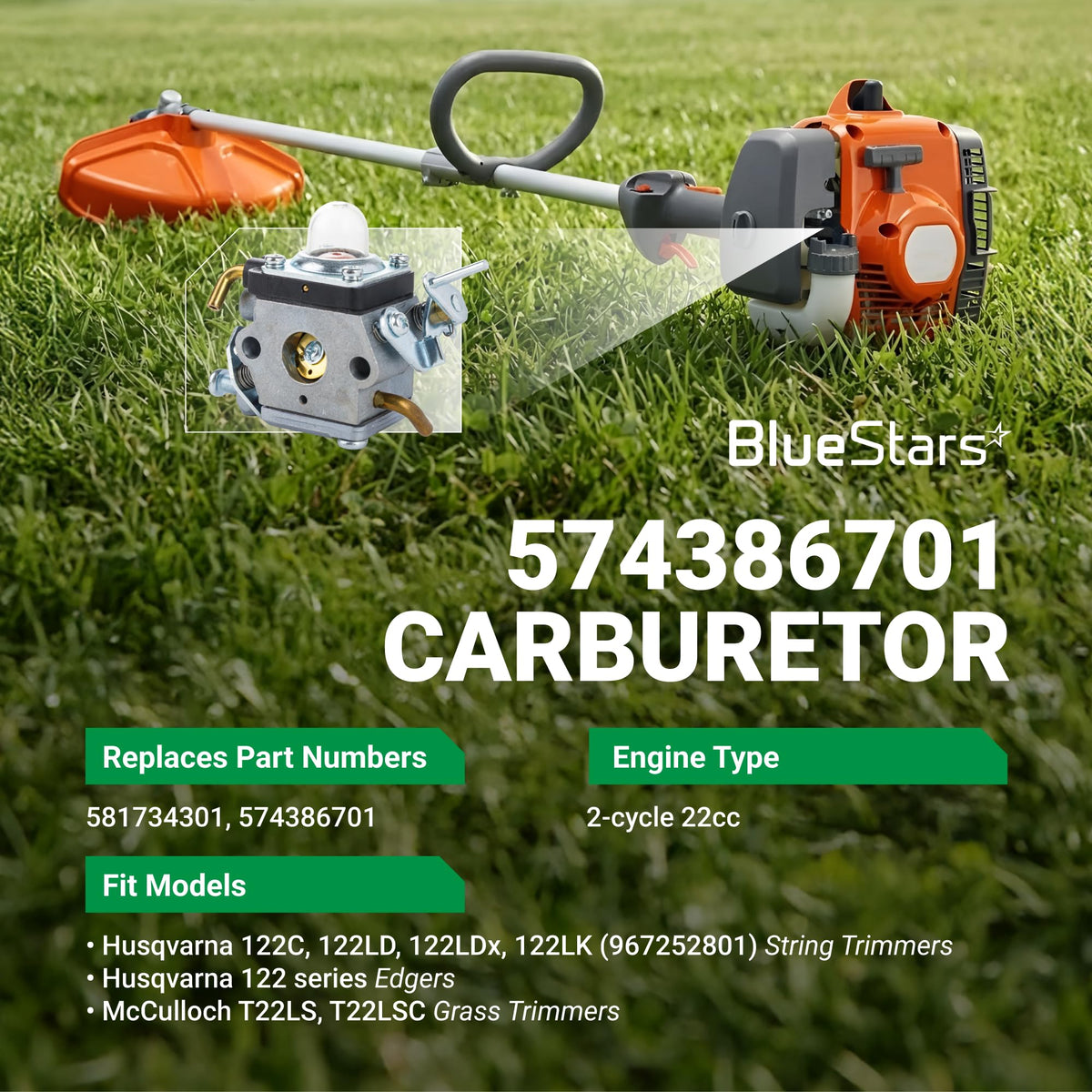574386701 carburetor for Husqvarna 122 series string trimmers shown with engine placement diagram.