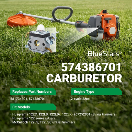 574386701 carburetor for Husqvarna 122 series string trimmers shown with engine placement diagram.