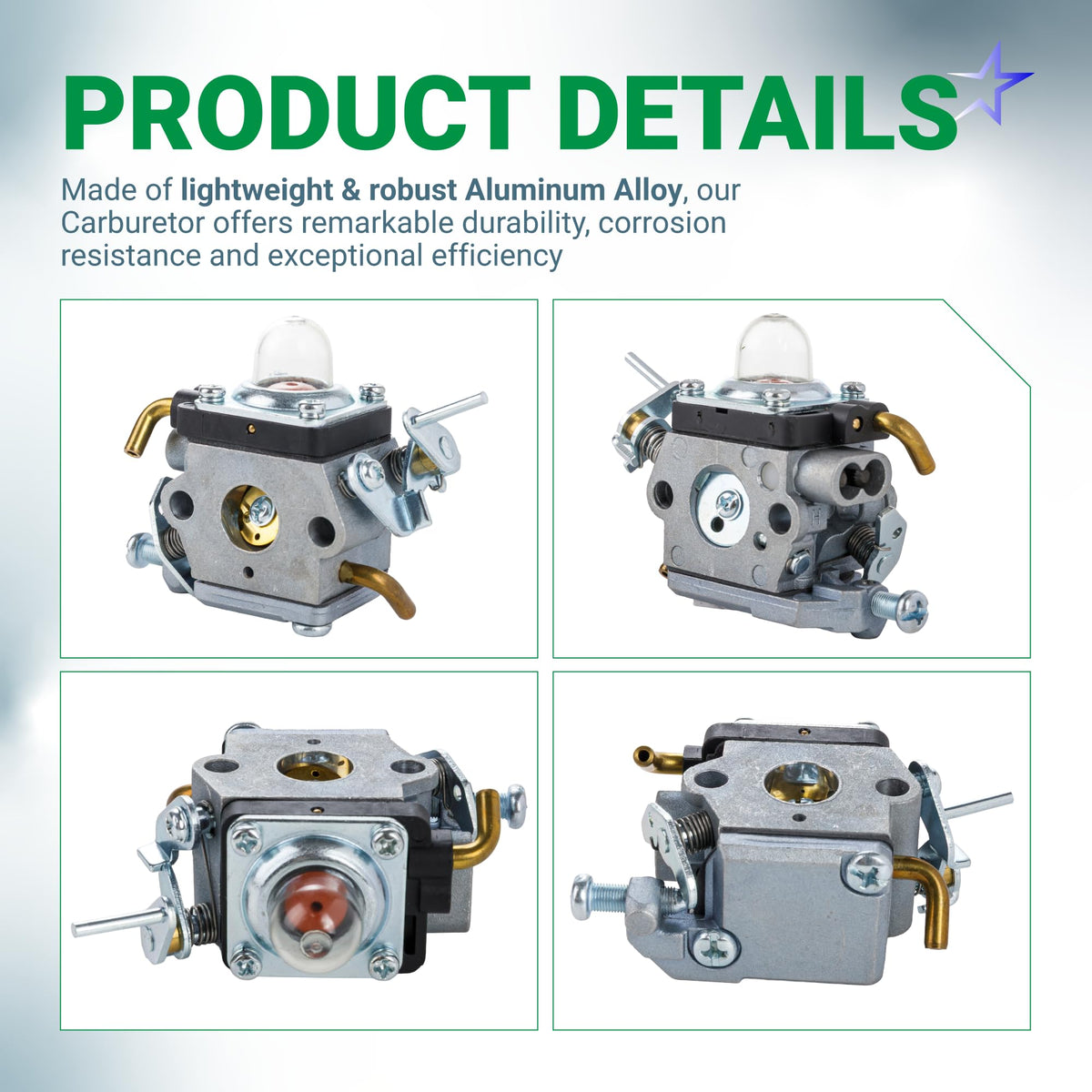 Multi-angle view of 574386701 carburetor for Husqvarna 122LK, 122LD, and 122LDX string trimmers.