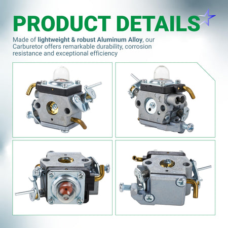 Multi-angle view of 574386701 carburetor for Husqvarna 122LK, 122LD, and 122LDX string trimmers.