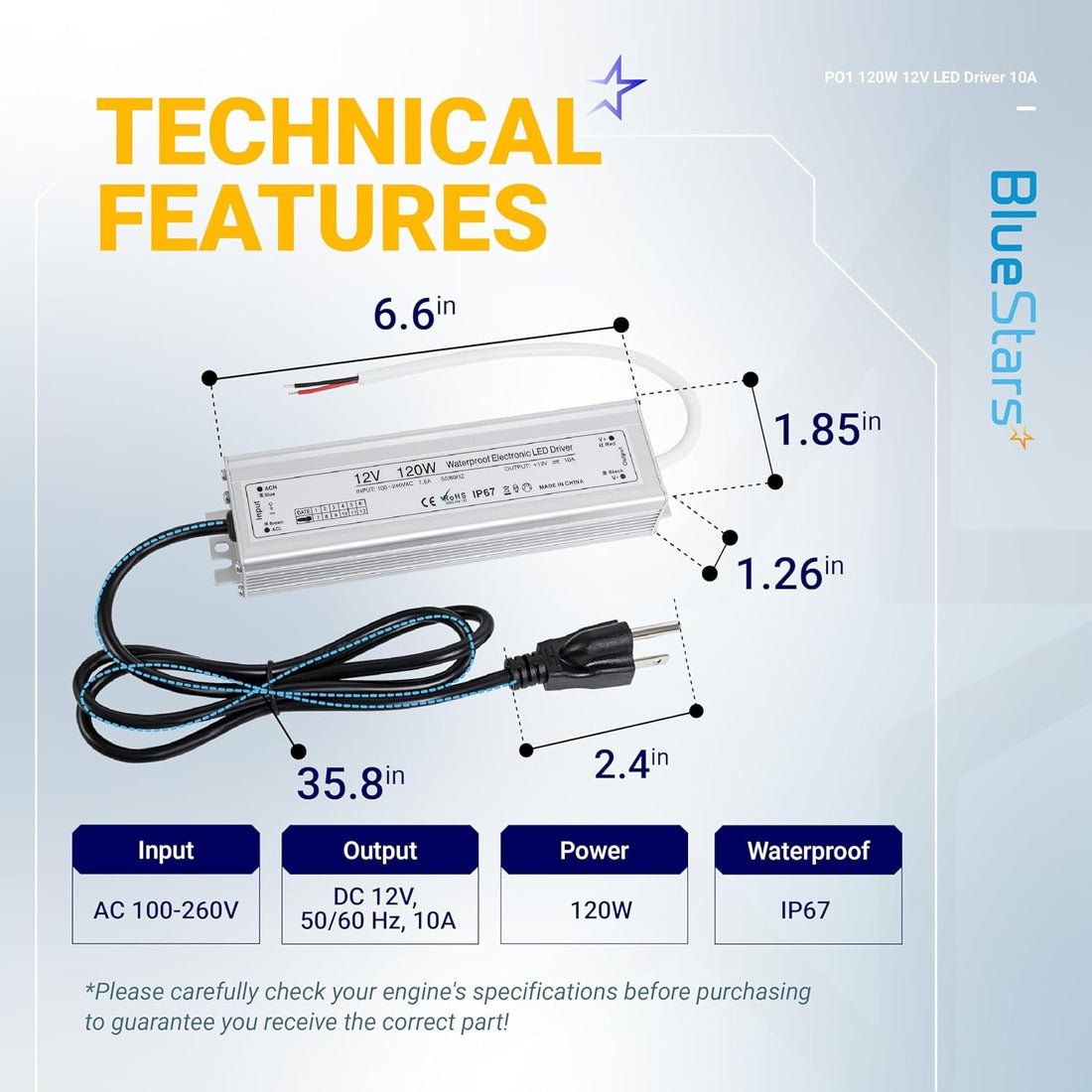 Technical specification diagram of 120W 12V LED power supply driver with dimensions and US 3-prong plug.