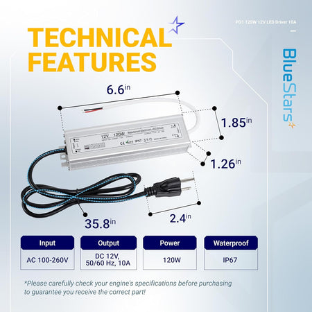 Technical specification diagram of 120W 12V LED power supply driver with dimensions and US 3-prong plug.