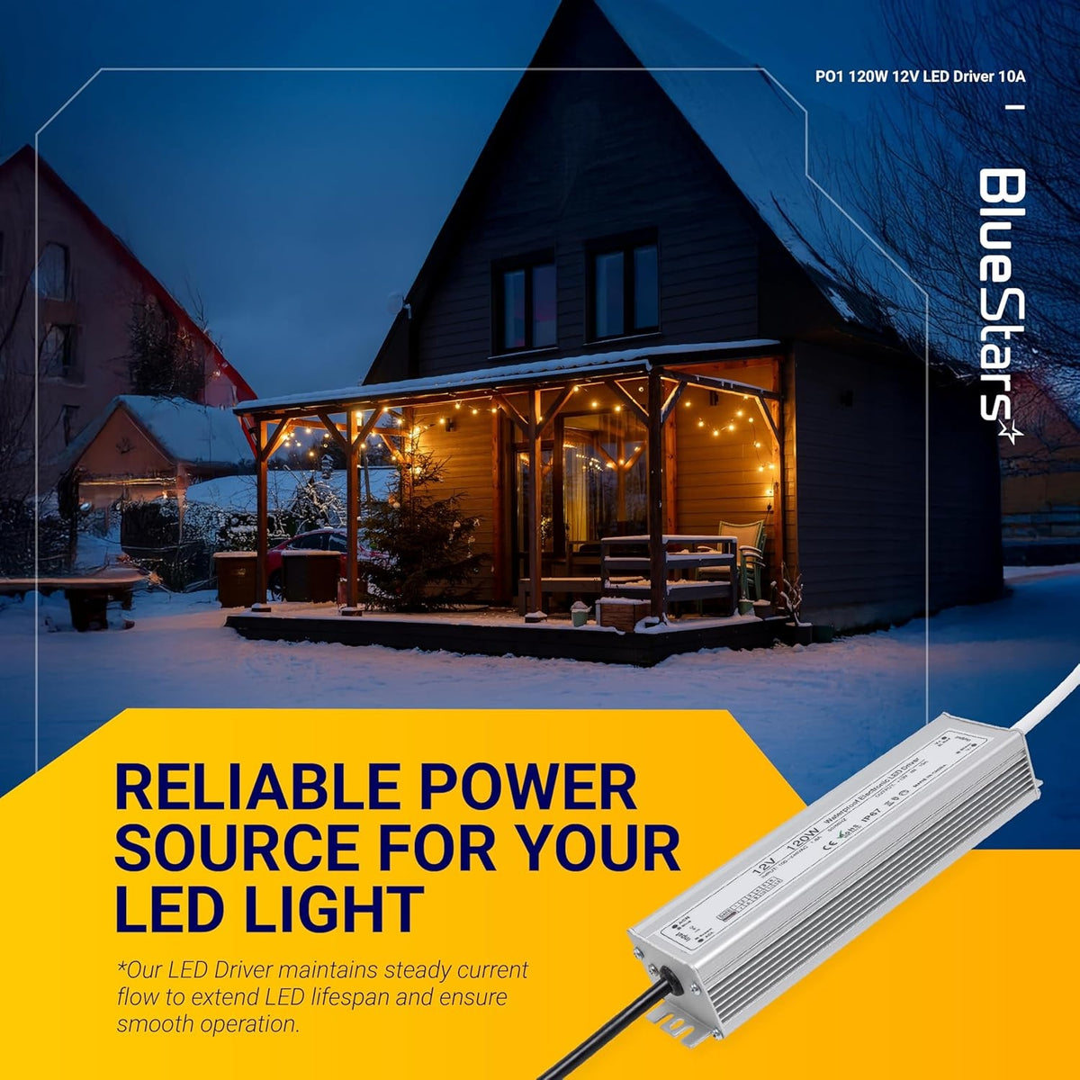 120W 12V waterproof LED power supply driver powering outdoor string lights on a snowy house porch.