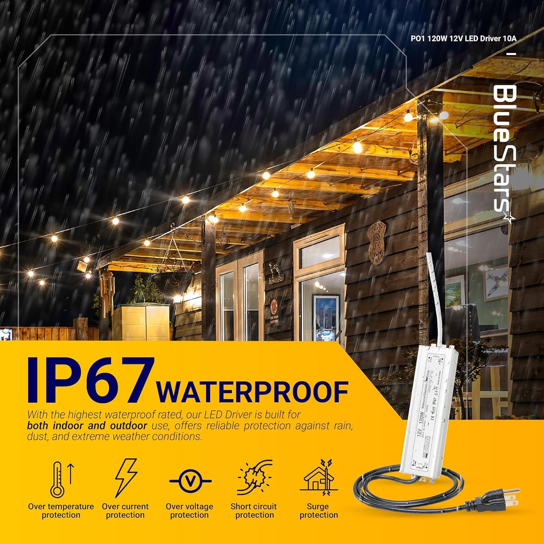 120W 12V LED power supply driver with IP67 waterproof rating for outdoor use in rainy weather conditions.