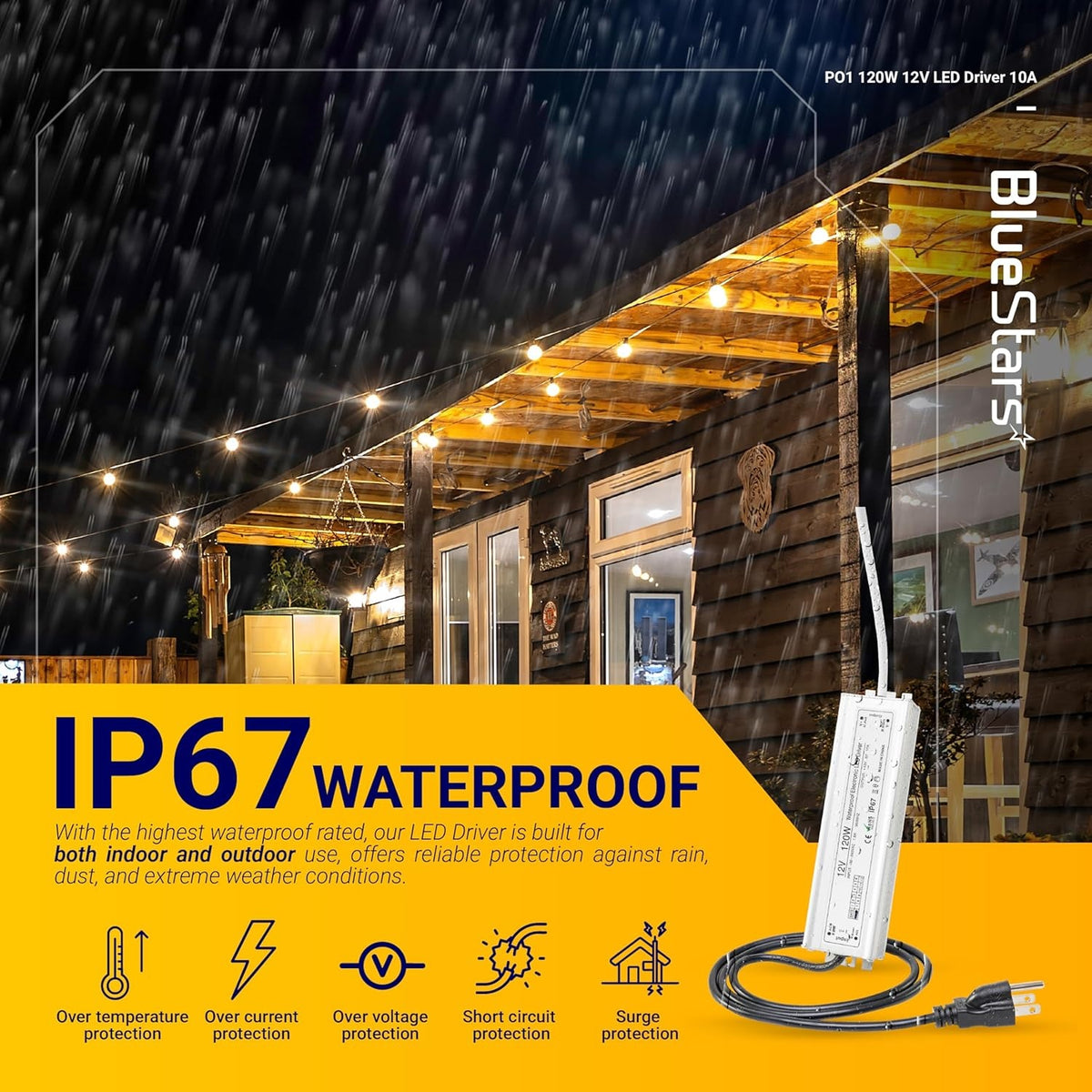 120W 12V LED power supply driver with IP67 waterproof rating for outdoor use in rainy weather conditions.