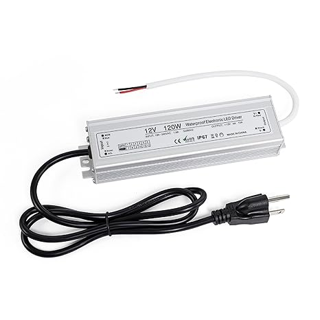 120W 12V waterproof LED power supply driver with US 3-prong plug and output wires.