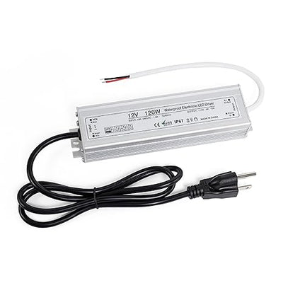 120W 12V waterproof LED power supply driver with US 3-prong plug and output wires.