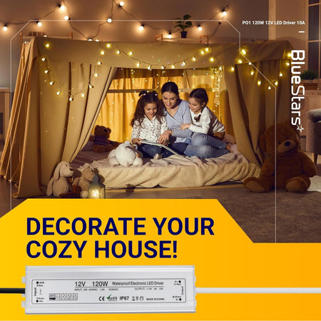 120W 12V waterproof LED power supply driver powering string lights in a cozy indoor tent setting.