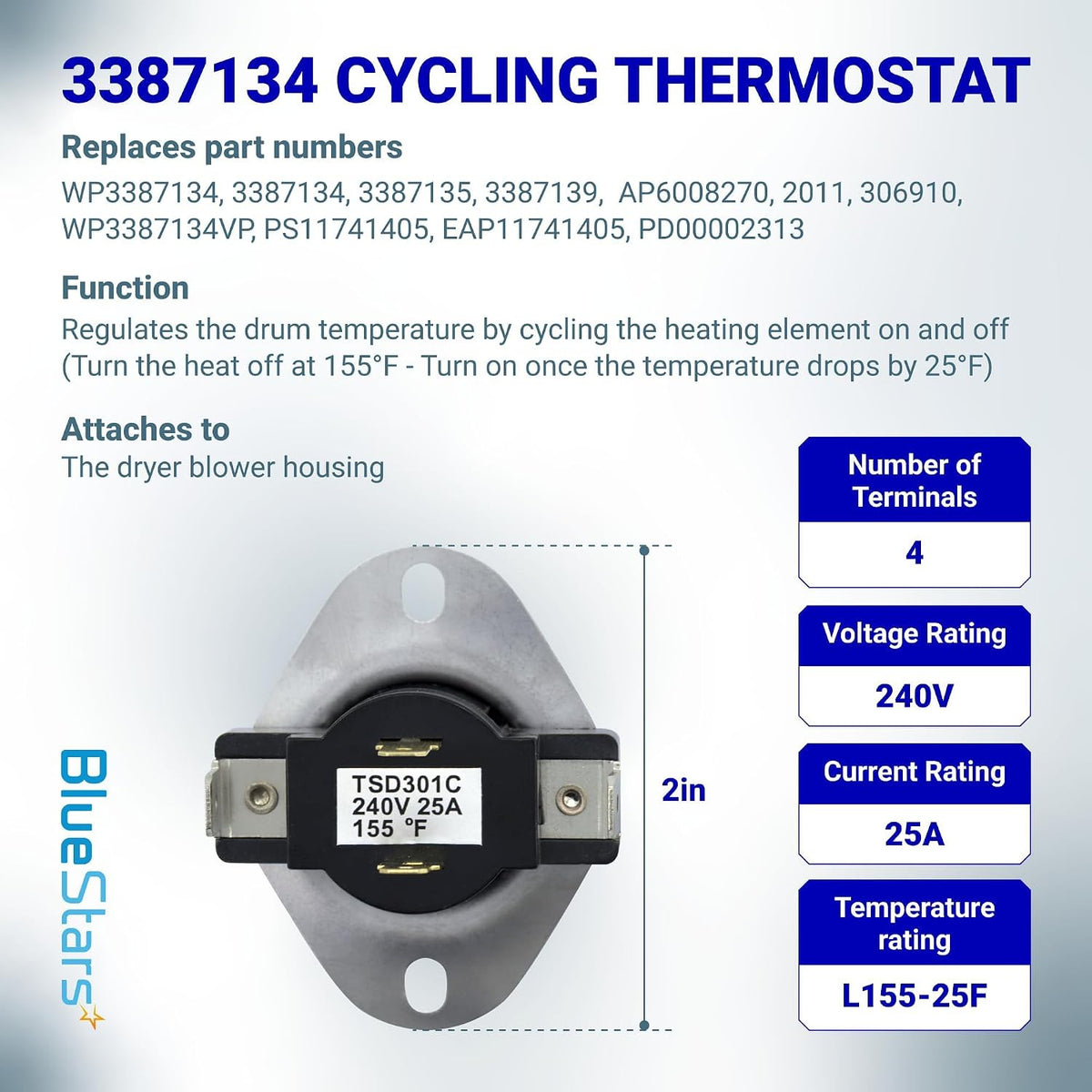 3387134 Cycling Thermostat, diagram showing 2-inch size, 4 terminals, 240V, 25A, and L155-25F ratings