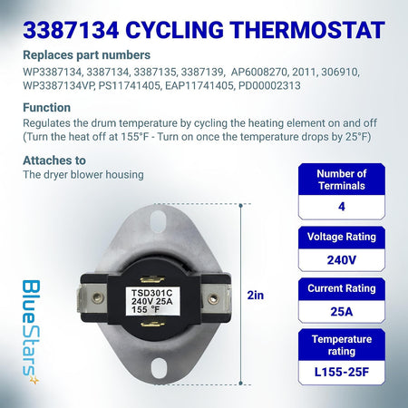 3387134 Cycling Thermostat, diagram showing 2-inch size, 4 terminals, 240V, 25A, and L155-25F ratings