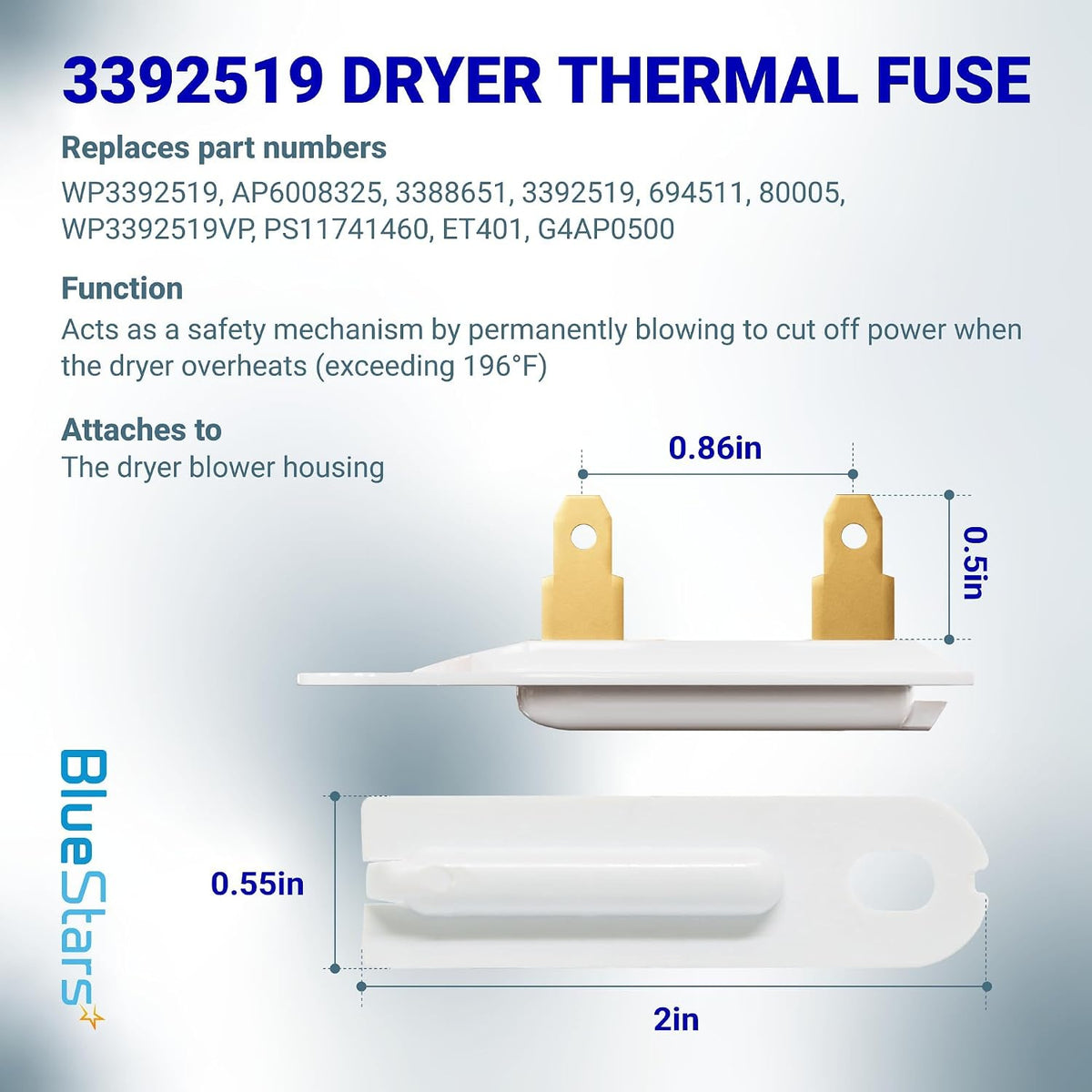 3392519 Dryer Thermal Fuse dimensions diagram showing 0.86in, 0.5in, 0.55in, and 2in measurements