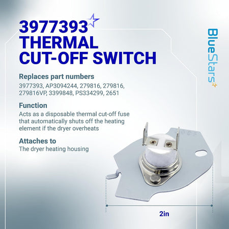 3977393 Thermal Cut-Off Switch with product image, function text, replacement part numbers, and 2-inch dimension diagram