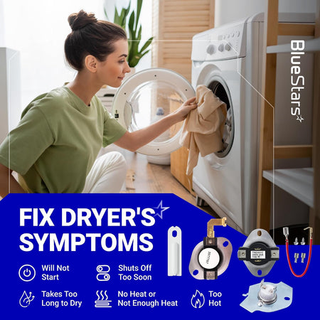 3387134 Cycling Thermostat, 3392519 Thermal Fuse kit graphic showing dryer symptoms and included parts