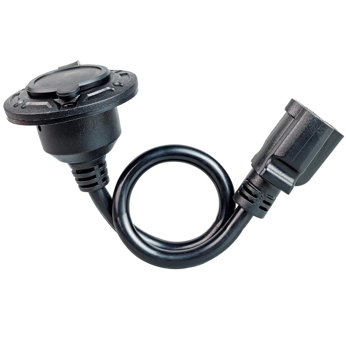 20A 125V AC RV Shore Power Inlet Socket, front view with attached cord and connector