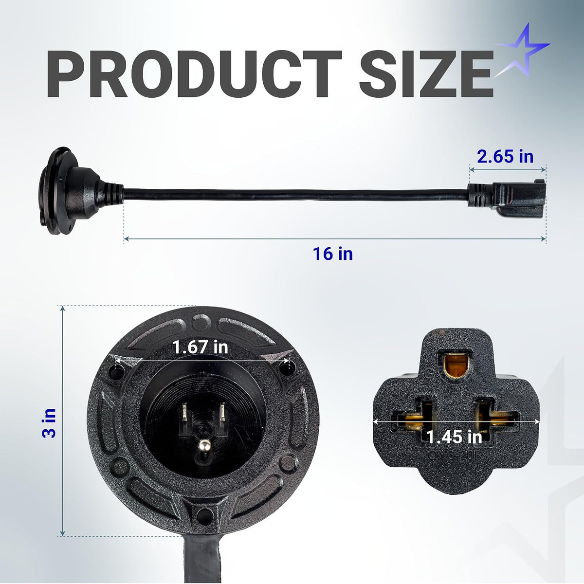 20A 125V AC RV Shore Power Inlet Socket product size diagram showing 16 in cable, 2.65 in plug, and inlet dimensions
