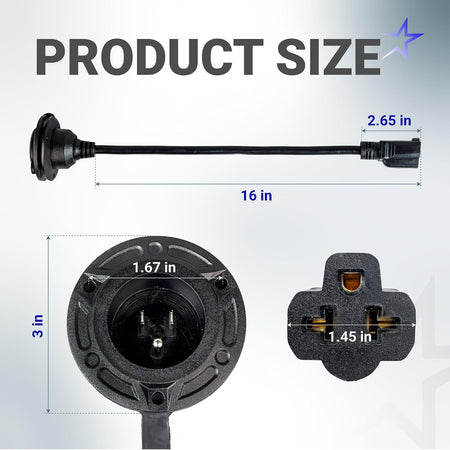 20A 125V AC RV Shore Power Inlet Socket product size diagram showing 16 in cable, 2.65 in plug, and inlet dimensions
