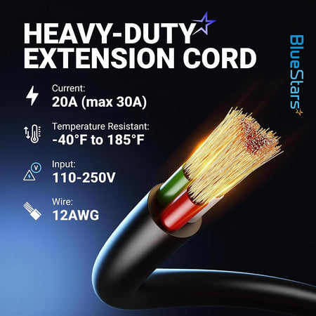 20A 125V AC RV Shore Power Inlet Socket, heavy-duty extension cord graphic with 20A, 110-250V and 12AWG specs