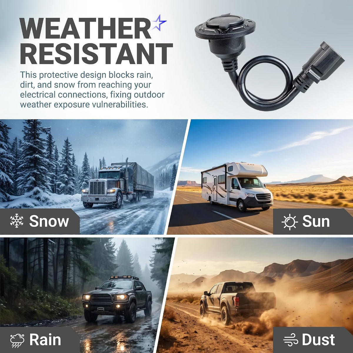 20A 125V AC RV Shore Power Inlet Socket shown with weather-resistant design and snow, sun, rain, and dust conditions